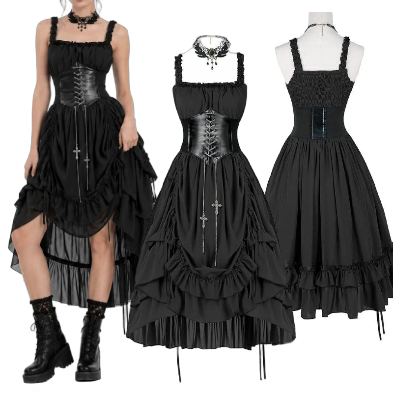 Midi Dress - Robe Gothique Femme Corset Nuisette Noire
