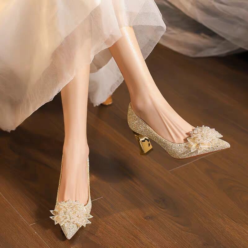 Pump Heel Block - Strass fleur bloc talon chaussures simples
